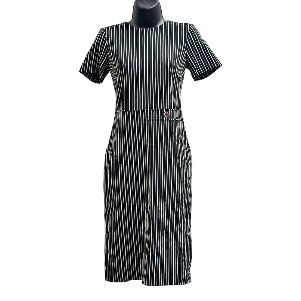 Banana Republic Womens 0 Black White Striped Short Sleeve Sheath Dress 382062-00